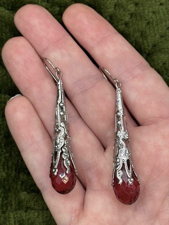 Dress Barn Jewelry - Earrings Silver Filigree Drop w/ Red Crystals